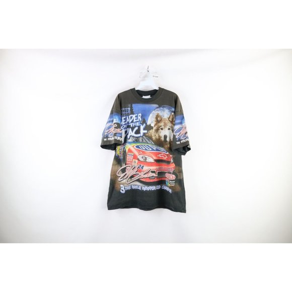 Vtg 90s NASCAR Mens XL Faded All Over Print Jeff Gordon Racing Wolf T-Shirt USA